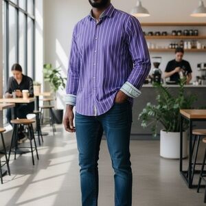 Robert Graham X Collection Purple and White Striped Contemporary Fit Shirt Lg